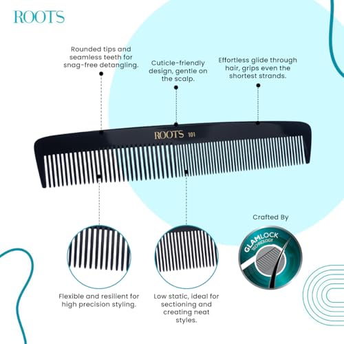 ROOTS - Professional Hair Cutting Comb | Dual Teeth For Styling & Detangling | Round Teeth Prevent Hair Damage | For Women with Straight & Wavy Hair | Wet & Dry use | Length - 8.1 Inch | Model No. 101 - Image 2