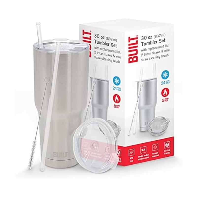 BUILT Double Walled Stainless Steel Tumbler Set with Replacement Lid 2 Reusable Tritan Wire Straw Cleaning Brush in Gift Box 30ounces