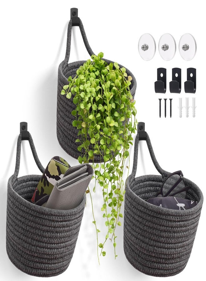 LIGHT DUST Fabric Wall Hanging Baskets - 3Pack Woven Pouchs Boho Style Wall Mounted Bag with Adhesive Hooks, Storage Organizers and Decoration Pocket Caddy Bins on Door Rack (Dark Gray & Black, Large) - Image 1