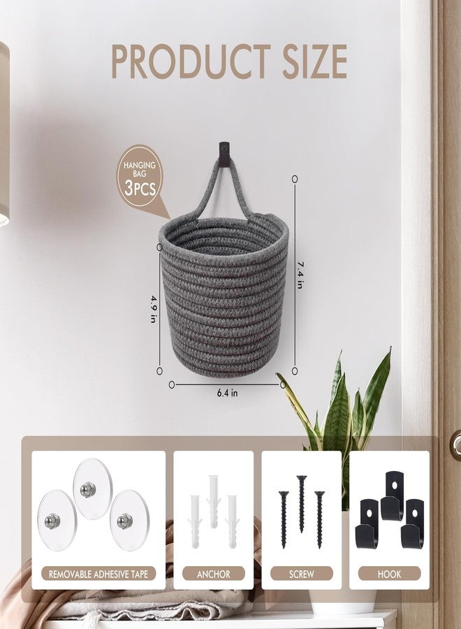LIGHT DUST Fabric Wall Hanging Baskets - 3Pack Woven Pouchs Boho Style Wall Mounted Bag with Adhesive Hooks, Storage Organizers and Decoration Pocket Caddy Bins on Door Rack (Dark Gray & Black, Large) - Image 2