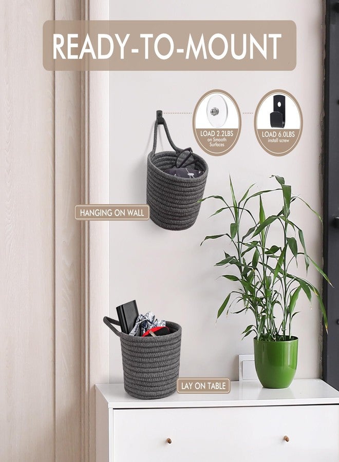 LIGHT DUST Fabric Wall Hanging Baskets - 3Pack Woven Pouchs Boho Style Wall Mounted Bag with Adhesive Hooks, Storage Organizers and Decoration Pocket Caddy Bins on Door Rack (Dark Gray & Black, Large) - Image 4