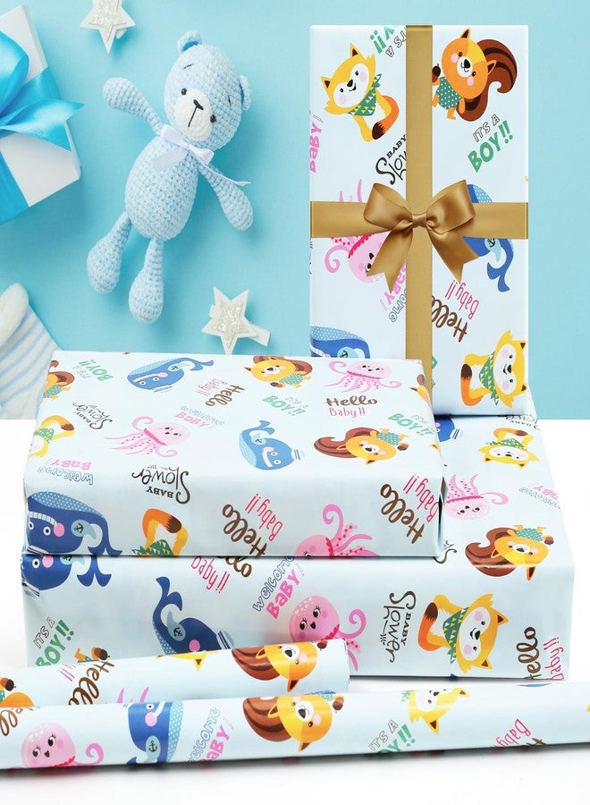 NEPOG Its a Boy Wrapping Paper, Cute Squirrels Fox Jellyfish Sharks Animals Design Baby Boy Wrapping Paper, 6 Sheets Folded Flat 20x28 inches per Sheet with Ribbon for Infant Baby Shower Birthday Party - Image 3