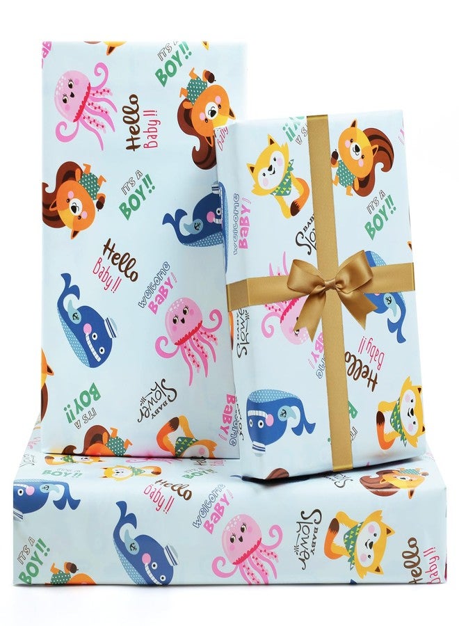 NEPOG Its a Boy Wrapping Paper, Cute Squirrels Fox Jellyfish Sharks Animals Design Baby Boy Wrapping Paper, 6 Sheets Folded Flat 20x28 inches per Sheet with Ribbon for Infant Baby Shower Birthday Party - Image 1