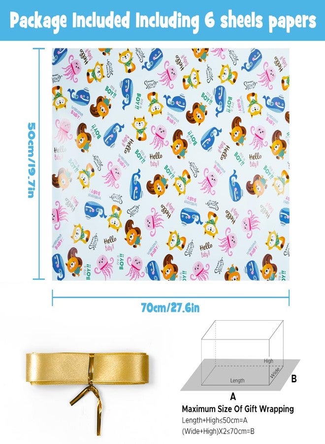 NEPOG Its a Boy Wrapping Paper, Cute Squirrels Fox Jellyfish Sharks Animals Design Baby Boy Wrapping Paper, 6 Sheets Folded Flat 20x28 inches per Sheet with Ribbon for Infant Baby Shower Birthday Party - Image 2