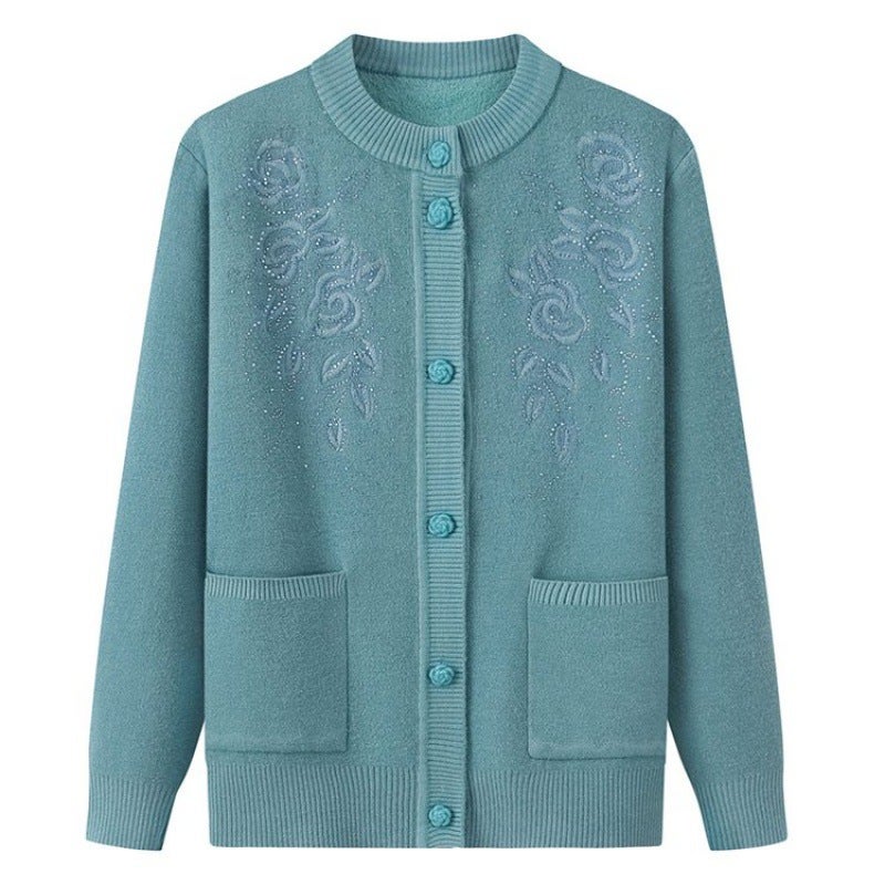 Middle-aged elderly mother solid color embroidered cardigan sweater top winter grandma fleece-lined sweater womens coat Bean green  - Image 1