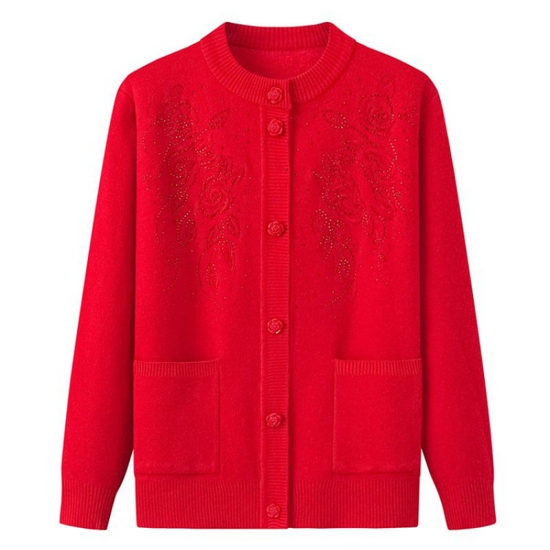 Middle-aged elderly mother solid color embroidered cardigan sweater top winter grandma fleece-lined sweater womens coat Bean green  - Image 4