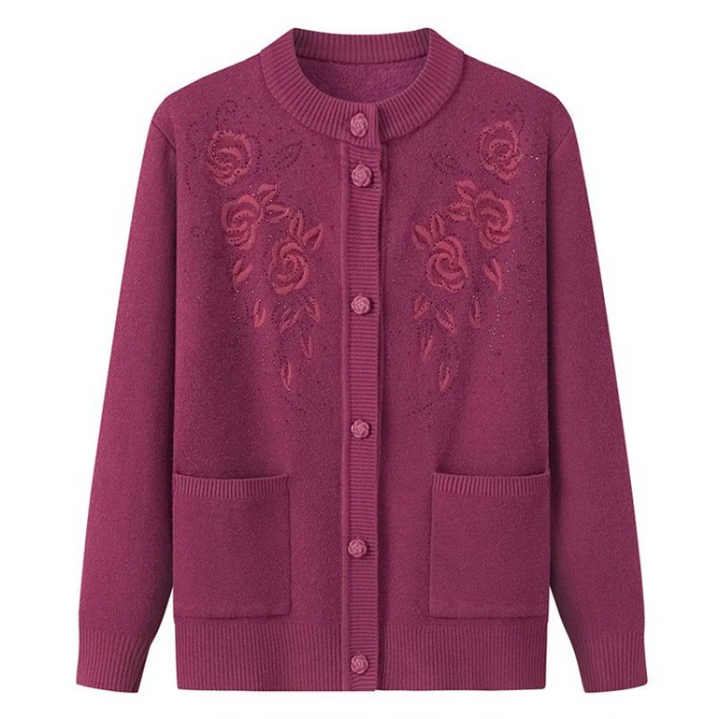 Middle-aged elderly mother solid color embroidered cardigan sweater top winter grandma fleece-lined sweater womens coat Bean green  - Image 2