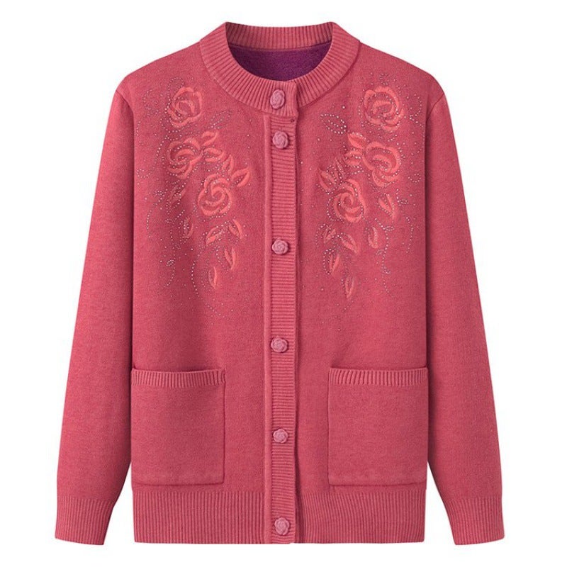 Middle-aged elderly mother solid color embroidered cardigan sweater top winter grandma fleece-lined sweater womens coat Bean green  - Image 3