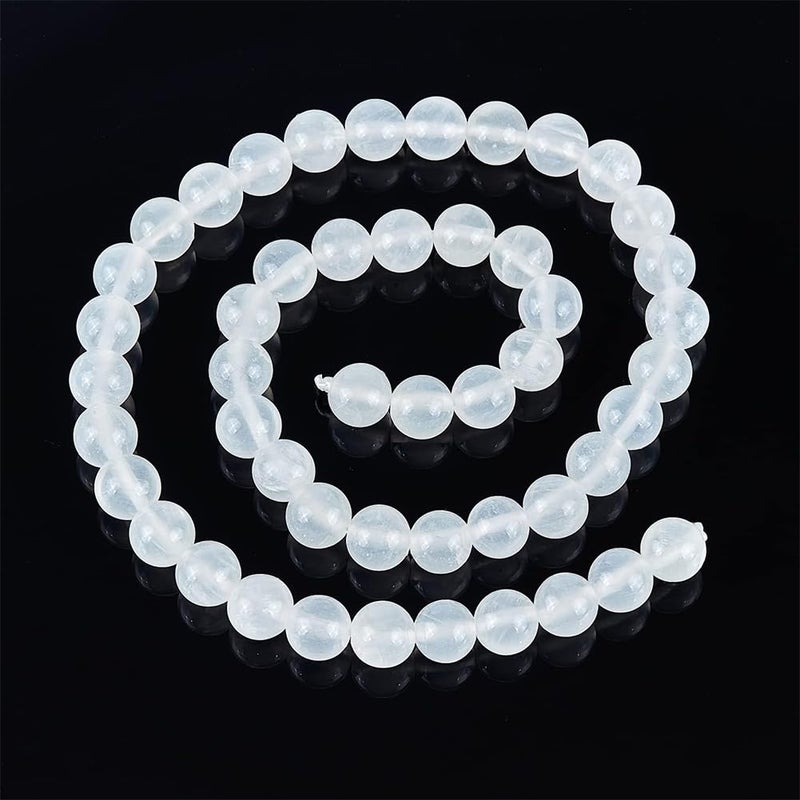 CHGCRAFT 8mm 49Pcs Natural Selenite Beads Stands Round Loose Beads Necklace Bead Loop for Jewelry Making 1Strand 157inch White