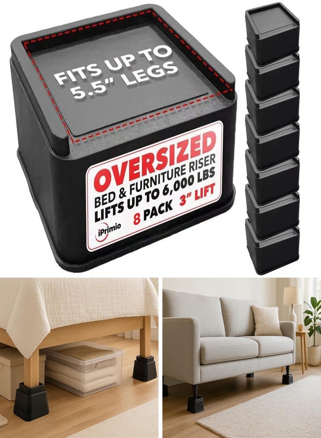 iPrimio Oversized Bed and Sofa Risers, Square 3" Lift, Heavy Duty, 8 Pack, Up to 6000lbs - Bed Raising Blocks, Furniture and Couch Risers - Bed Lifts for College Dorm Rooms, Couches, Tables, Desks - Image 1