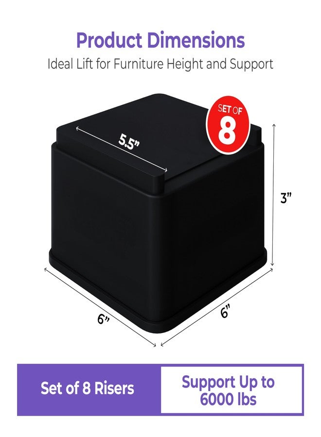 iPrimio Oversized Bed and Sofa Risers, Square 3" Lift, Heavy Duty, 8 Pack, Up to 6000lbs - Bed Raising Blocks, Furniture and Couch Risers - Bed Lifts for College Dorm Rooms, Couches, Tables, Desks - Image 3