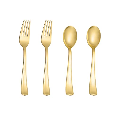 N9R 100PCS Gold Plastic Silverware, Heavy Duty Disposable Cutlery Set for Parties, Disposable Plastic Spoons and Forks Includes 50 Gold Spoons and 50 Forks for Weddings, Birthday, Dinners - Image 1