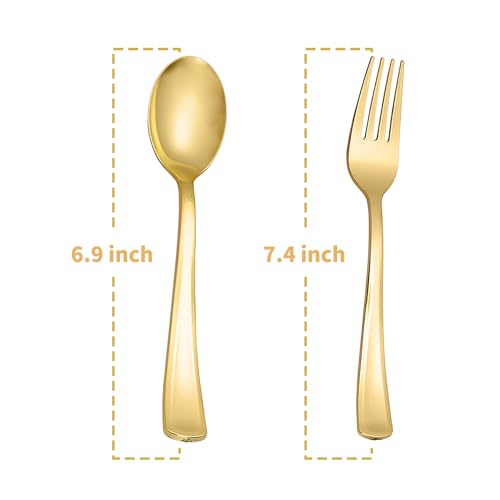 N9R 100PCS Gold Plastic Silverware, Heavy Duty Disposable Cutlery Set for Parties, Disposable Plastic Spoons and Forks Includes 50 Gold Spoons and 50 Forks for Weddings, Birthday, Dinners - Image 2