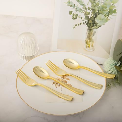 N9R 100PCS Gold Plastic Silverware, Heavy Duty Disposable Cutlery Set for Parties, Disposable Plastic Spoons and Forks Includes 50 Gold Spoons and 50 Forks for Weddings, Birthday, Dinners - Image 5