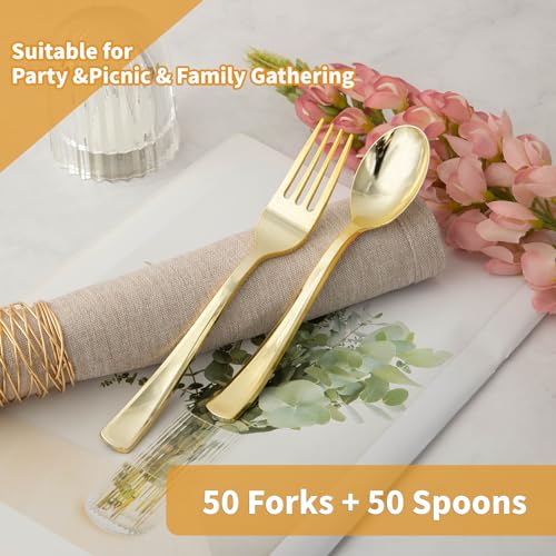 N9R 100PCS Gold Plastic Silverware, Heavy Duty Disposable Cutlery Set for Parties, Disposable Plastic Spoons and Forks Includes 50 Gold Spoons and 50 Forks for Weddings, Birthday, Dinners - Image 3