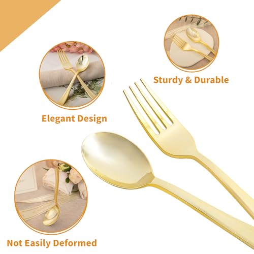 N9R 100PCS Gold Plastic Silverware, Heavy Duty Disposable Cutlery Set for Parties, Disposable Plastic Spoons and Forks Includes 50 Gold Spoons and 50 Forks for Weddings, Birthday, Dinners - Image 4