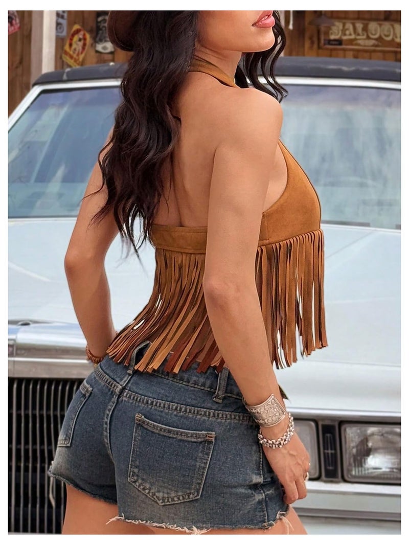 OYOANGLE Women's Boho Suede Fringe Top Sleeveless Tie Front Western Cowgirl Halter Crop Tops Brown Small - Image 3