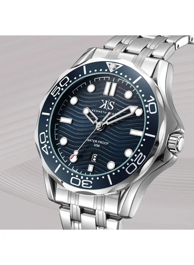Kenneth Scott Blue Kenneth Scott Men's Quartz Movement Watch, Analog Display and Stainless Steel Strap - K22009-SBSN, Silver for Men | Best Price UAE