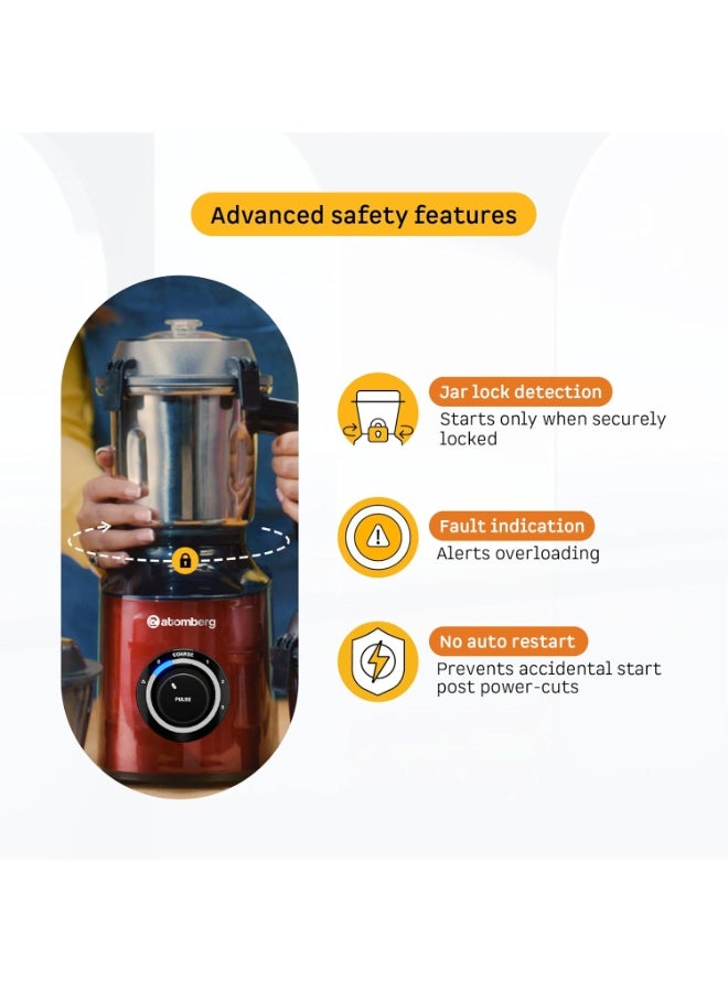 Atomberg Zenova Mixer Grinder | Unique Coarse Mode for Silbatta-like Texture | Intelligent BLDC Motor | Safety Features | 4 Jars including Chopper | Hands-Free Operation (Red Wine) - Image 3