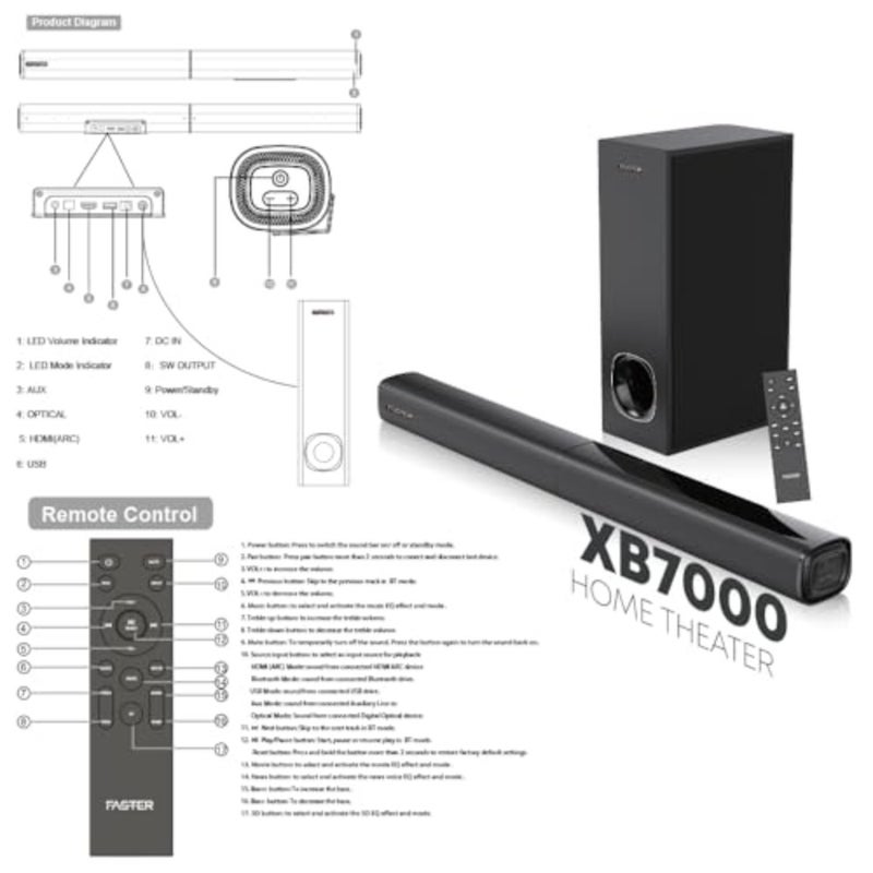 مسرح منزلي XB7000 2.1 قناة، مكبر صوت مع مضخم صوت، نظام مسرح أسود بقدرة 80 وات مثبت على الحائط، صوت جهير عميق مثير. بلوتوث، HDMI ARC، بصري، AUX، USB للتلفزيون، الكمبيوتر الشخصي مع جهاز التحكم عن بعد - Image 5