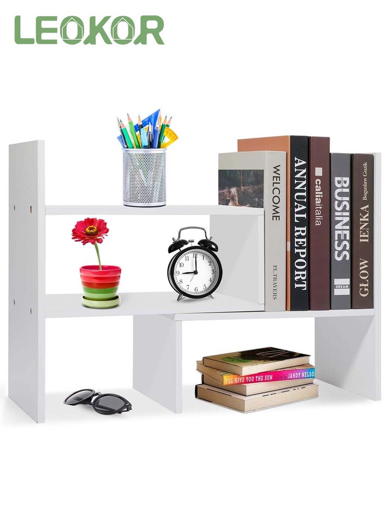 LEOKOR Desktop Adjustable Wood Book Shelf Organizer Office Storage Rack Display Expandable Desk Organizer Suitable for Home Office Study Living Bedroom, White - Image 1