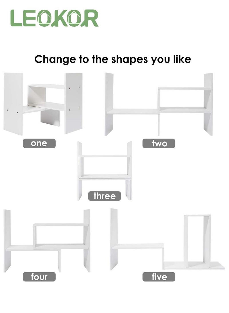 LEOKOR Desktop Adjustable Wood Book Shelf Organizer Office Storage Rack Display Expandable Desk Organizer Suitable for Home Office Study Living Bedroom, White - Image 2