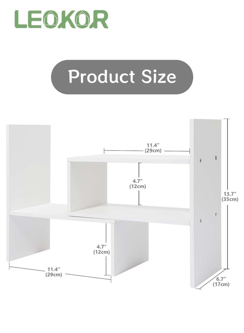 LEOKOR Desktop Adjustable Wood Book Shelf Organizer Office Storage Rack Display Expandable Desk Organizer Suitable for Home Office Study Living Bedroom, White - Image 3