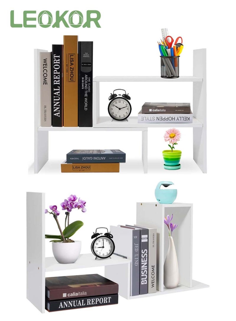 LEOKOR Desktop Adjustable Wood Book Shelf Organizer Office Storage Rack Display Expandable Desk Organizer Suitable for Home Office Study Living Bedroom, White - Image 4