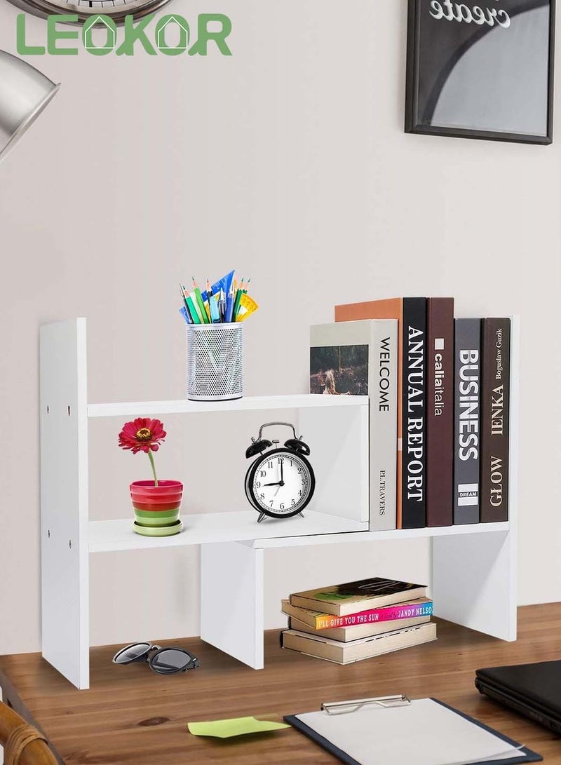 LEOKOR Desktop Adjustable Wood Book Shelf Organizer Office Storage Rack Display Expandable Desk Organizer Suitable for Home Office Study Living Bedroom, White - Image 5
