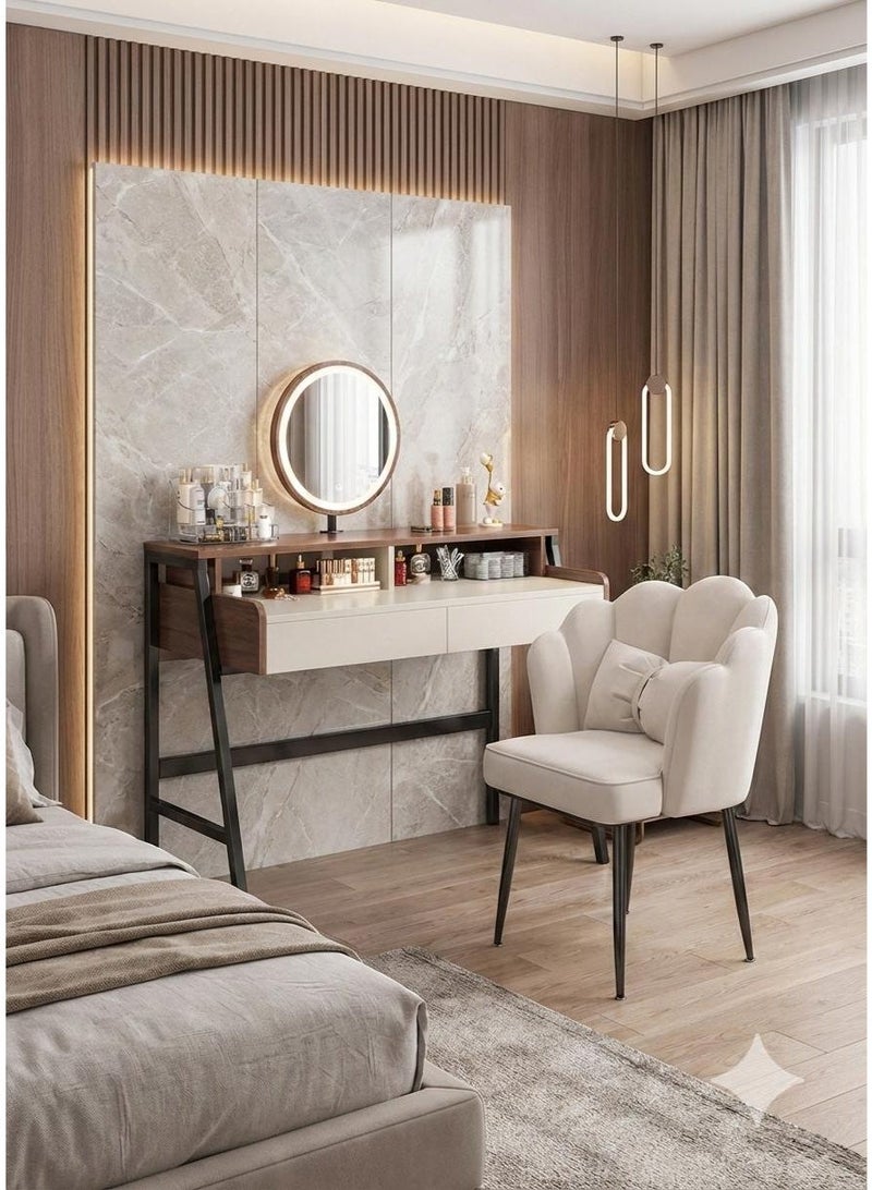 إكسبرت طاولة تزيين (تسريحة) عصرية بتصميم  أنيق,بسطح خشبي ودرجين مع مرآة LED دائرية,موفرة للمساحة - Image 2