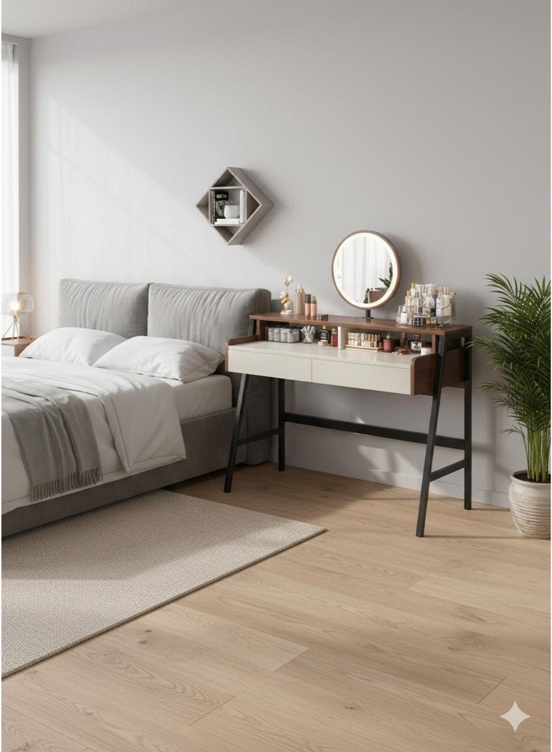 إكسبرت طاولة تزيين (تسريحة) عصرية بتصميم  أنيق,بسطح خشبي ودرجين مع مرآة LED دائرية,موفرة للمساحة - Image 3