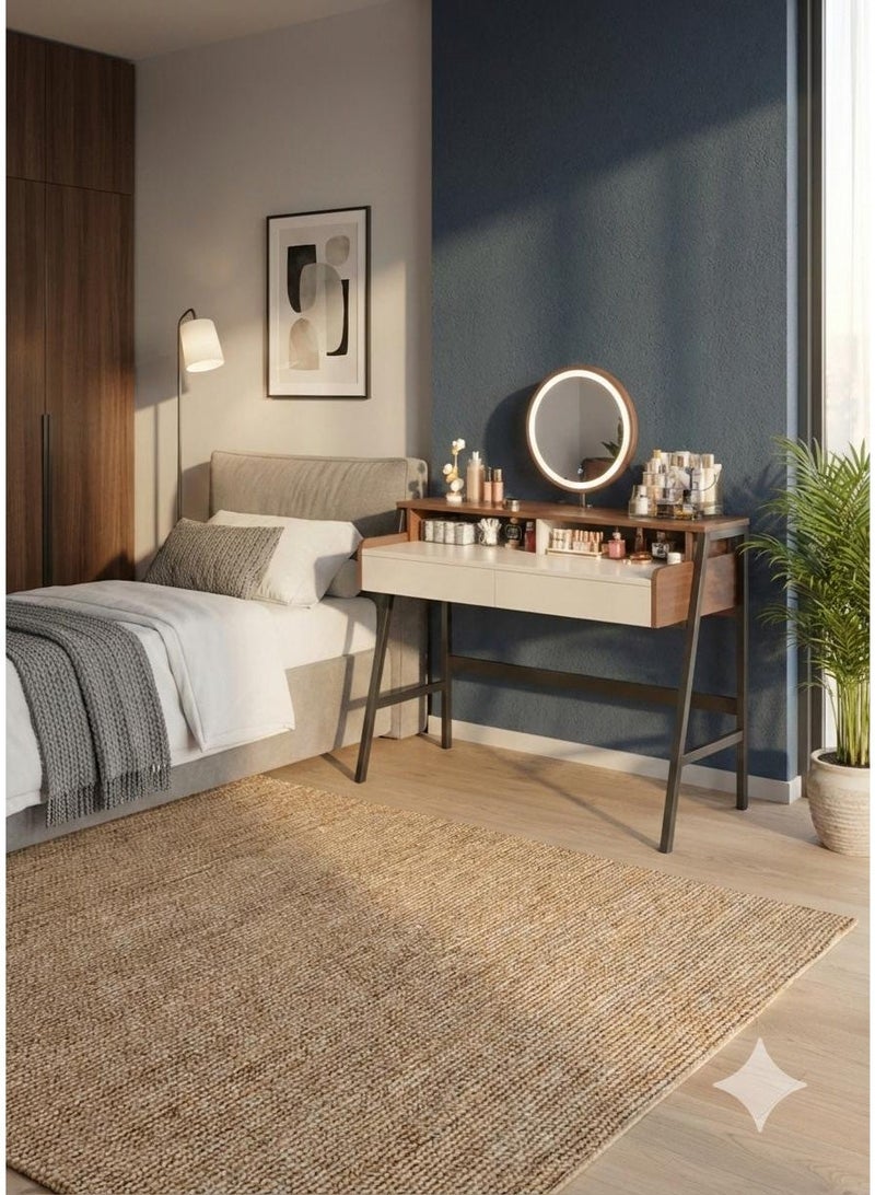 إكسبرت طاولة تزيين (تسريحة) عصرية بتصميم  أنيق,بسطح خشبي ودرجين مع مرآة LED دائرية,موفرة للمساحة - Image 4