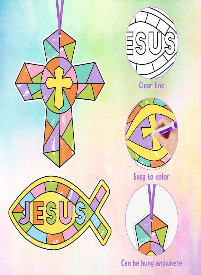 BeYumi Coloring Cross Craft Kit - 83Pcs Color Your Own Cross Kit for Kids Sunday School Christian Religious DIY Coloring Fish Craft Geometric Ornament Card Classroom Church Easter Party Art Activities - Image 3