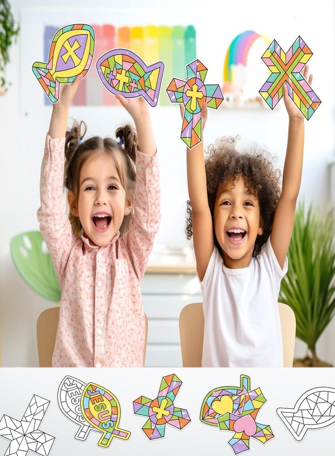 BeYumi Coloring Cross Craft Kit - 83Pcs Color Your Own Cross Kit for Kids Sunday School Christian Religious DIY Coloring Fish Craft Geometric Ornament Card Classroom Church Easter Party Art Activities - Image 4