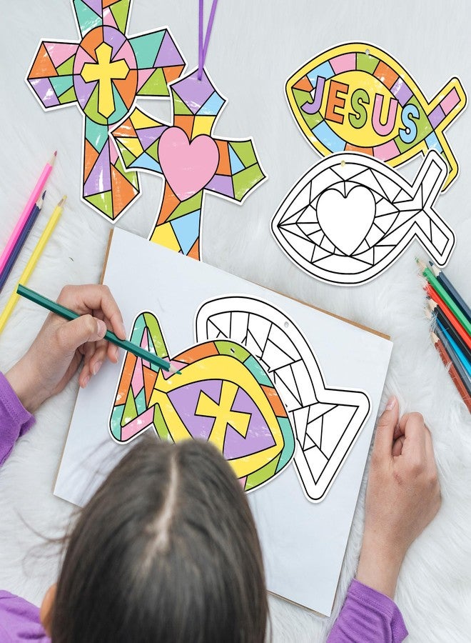 BeYumi Coloring Cross Craft Kit - 83Pcs Color Your Own Cross Kit for Kids Sunday School Christian Religious DIY Coloring Fish Craft Geometric Ornament Card Classroom Church Easter Party Art Activities - Image 5
