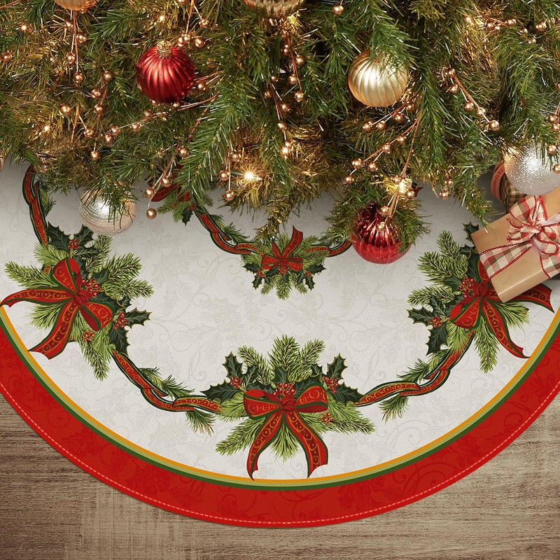 AVOIN colorlife AVOIN colorlife Christmas Tree Skirt 48 Inch Christmas Ribbon Holly Winter Holiday Tree Mat Decoration
