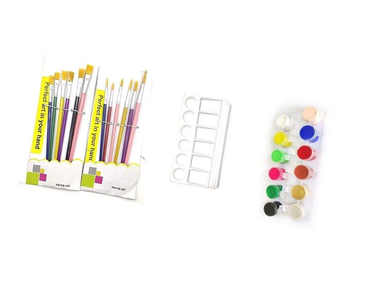 Freedy 12 Painting Brush (6 Round + 6 Flat)+ Color Plate +12 Shade Tempra Colors/Paints/Water Colours for Painting/Kids/Colour Paints/Drawing for Kids c