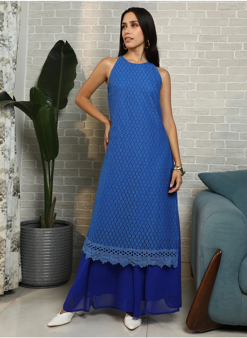 QISSA Qissa Women's Royal Blue Ditsy Floral Kurta Set For Casual Wear | Halter Neck | Sle No Sleeves | 2 Piece Kurta Set Designed With Comfort Fit For Everyday Ethnic Wear