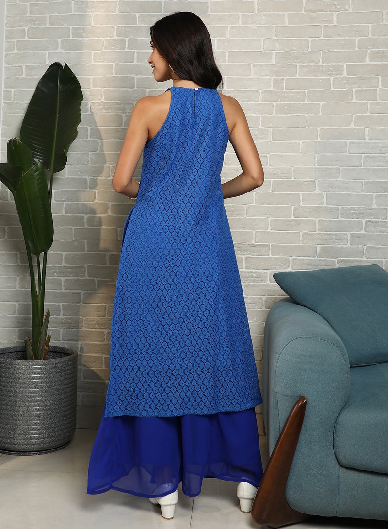 QISSA Qissa Women's Royal Blue Ditsy Floral Kurta Set For Casual Wear | Halter Neck | Sle No Sleeves | 2 Piece Kurta Set Designed With Comfort Fit For Everyday Ethnic Wear  - Image 5
