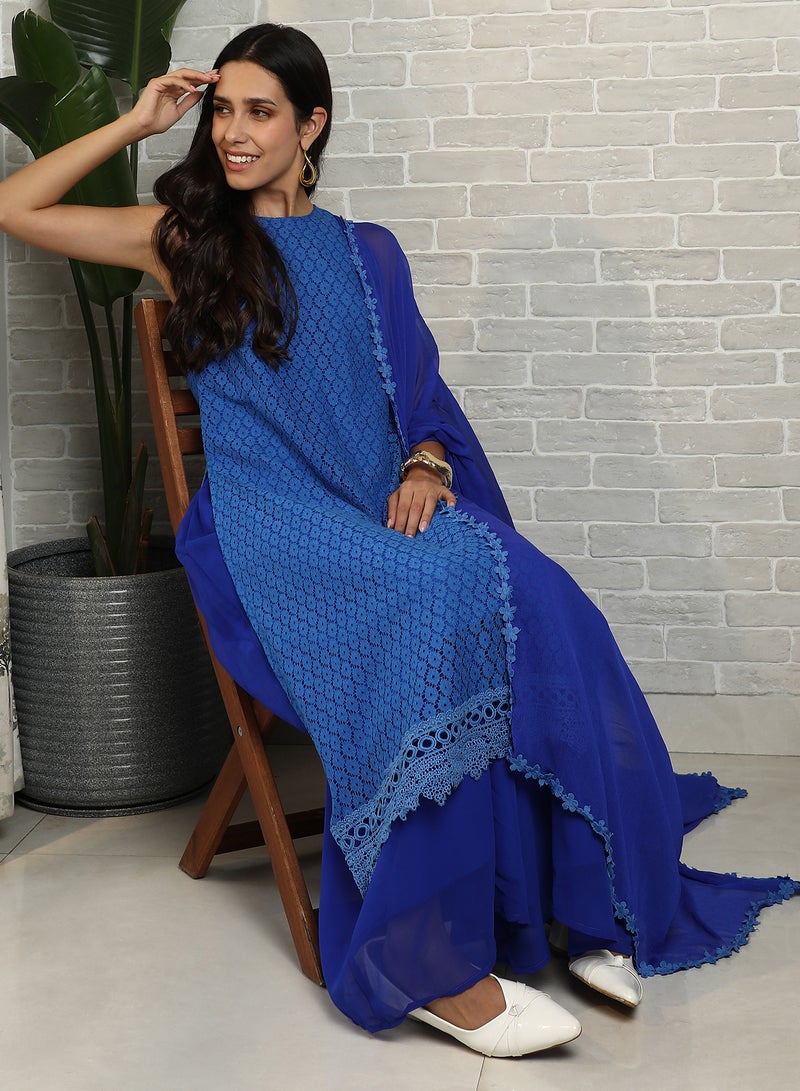 QISSA Qissa Women's Royal Blue Ditsy Floral Kurta Set For Casual Wear | Halter Neck | Sle No Sleeves | 2 Piece Kurta Set Designed With Comfort Fit For Everyday Ethnic Wear  - Image 3