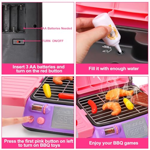 AugToy Kids BBQ Grill Playset with Coooking Apron Hat Toddler Girl Pink Kitchen Toy Ages 35 48 Pretend Smoke Sound Light Outdoor Barbecue Accessories Toy for 3 4 5 Year Old Girl Birthday Gift - Image 5
