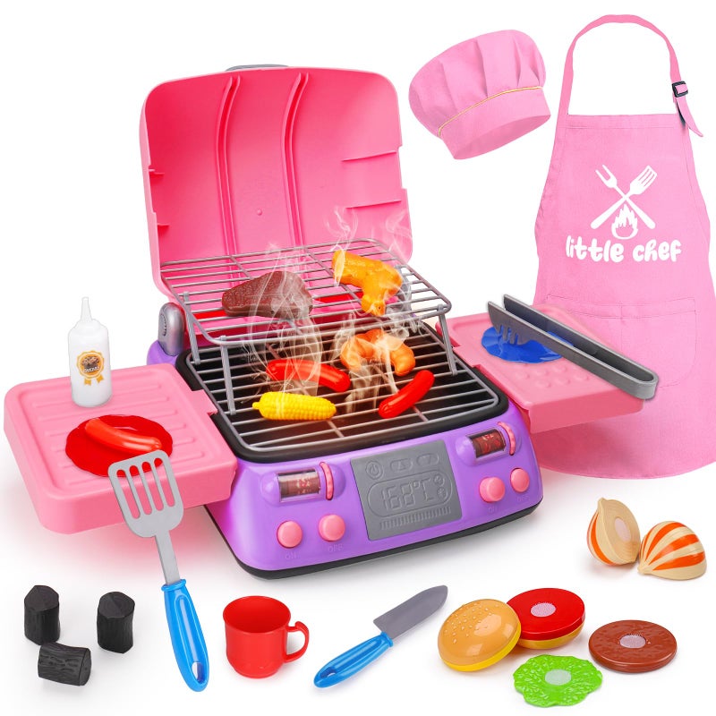 AugToy Kids BBQ Grill Playset with Coooking Apron Hat Toddler Girl Pink Kitchen Toy Ages 35 48 Pretend Smoke Sound Light Outdoor Barbecue Accessories Toy for 3 4 5 Year Old Girl Birthday Gift - Image 3