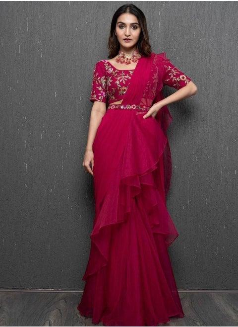 Designer Ruffle Ready To Wear Stitched Saree With Stitched Blouse Piece