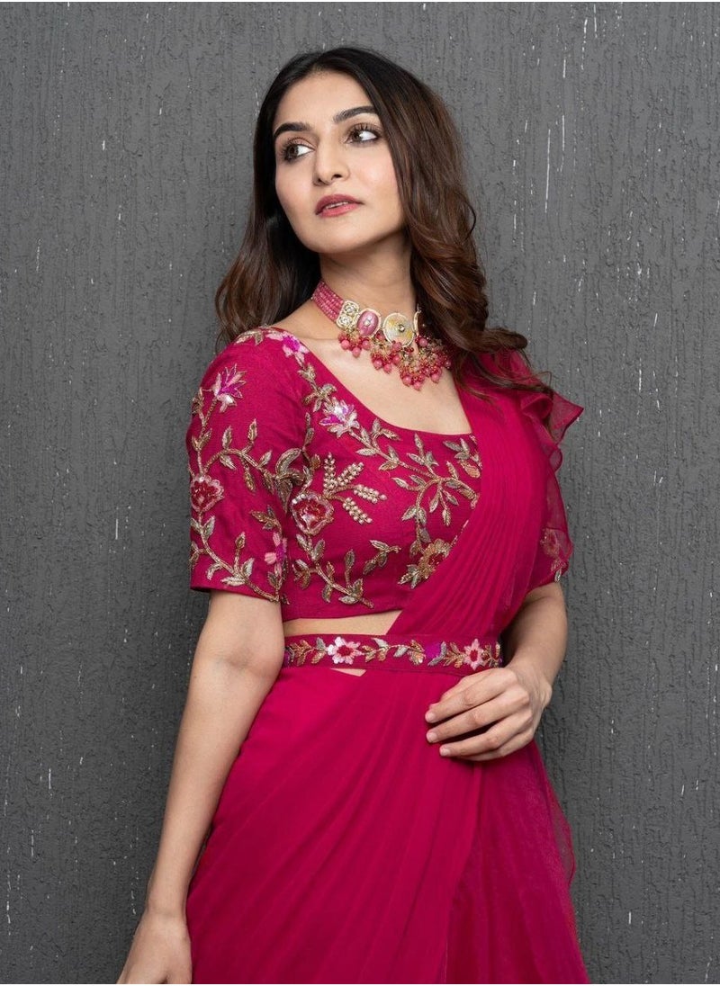 Gulf Vogue Designer Ruffle Ready To Wear Stitched Saree With Stitched Blouse Piece  - Image 3