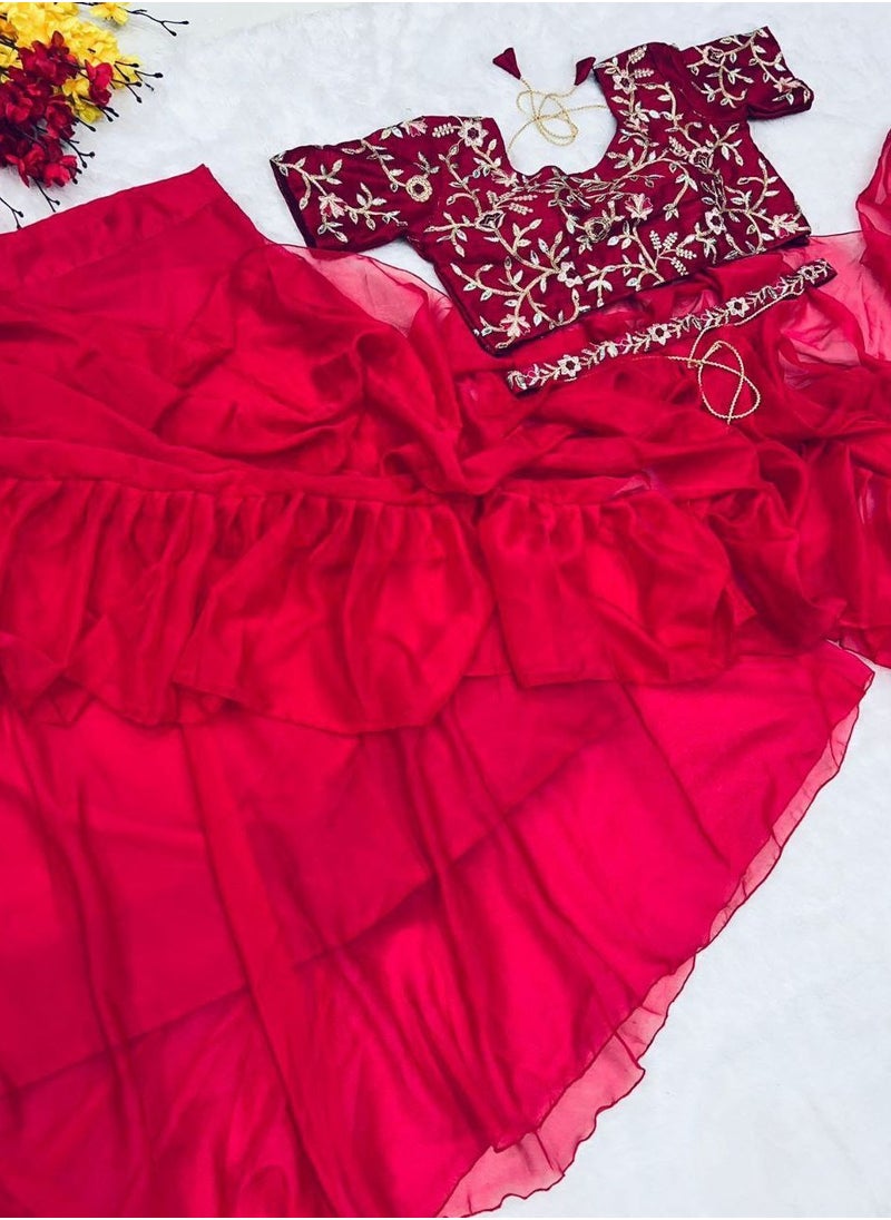 Gulf Vogue Designer Ruffle Ready To Wear Stitched Saree With Stitched Blouse Piece  - Image 5