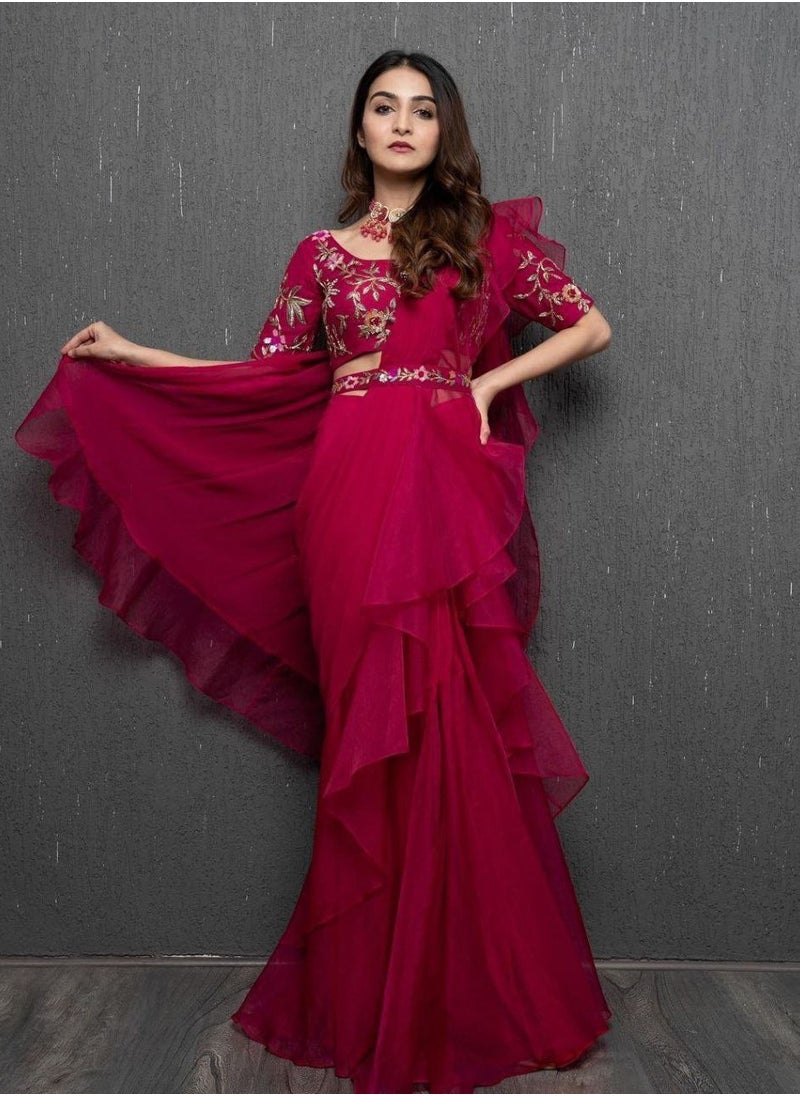 Gulf Vogue Designer Ruffle Ready To Wear Stitched Saree With Stitched Blouse Piece  - Image 2