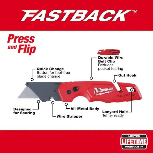 Milwaukee Fastback Flip Utility Knife 2 Piece Set with Razor Blade Dispenser (50 Blades Included) - Image 2