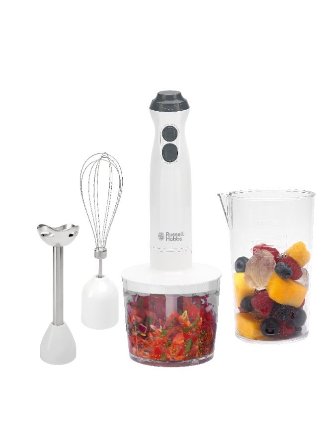 Russell Hobbs Hand Blender 600W with Variable Speed Control, Stainless Steel Detachable Blending Leg, Chopper Attachment & 500ml Beaker, BPA-Free Dishwasher Safe Parts, 27560 White