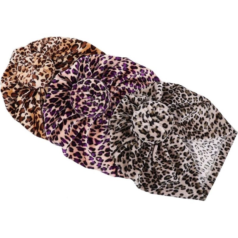 Leopard Print Newborn Infant Cotton Hats 3 Pack Soft Breathable Baby Boy Girl Turban Caps Stylish Animal Design - Image 1