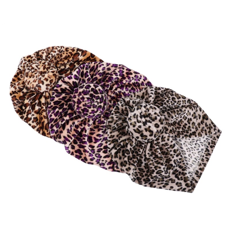 Leopard Print Newborn Infant Cotton Hats 3 Pack Soft Breathable Baby Boy Girl Turban Caps Stylish Animal Design - Image 2